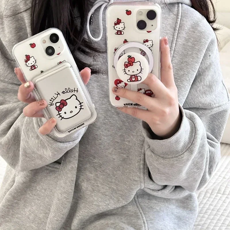 Cute Sanrio Hello Kitty Magnetic Wallet Bracket Magsafe Wireless Charge Phone Case For iPhone 16 15 14 13 12 11 Pro Max  Cover