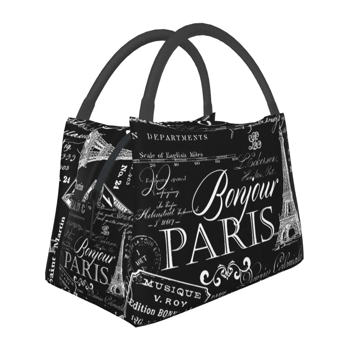 Vintage Paris French Lifestyle With Eiffel Tower Lightweight Handheld Insulated Lunch Bag Aluminum Foil Liner for Travel Picnic