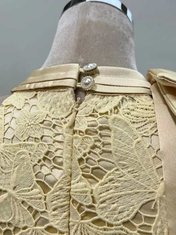 Franse elegante chique mode Boheemse strik uitgesneden opengewerkte kant A-lijn damesjurken ontwerp zomer nieuwe feestclub avondjurk