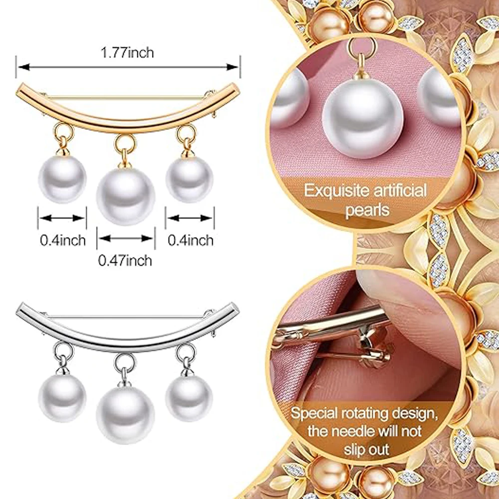 2Pcs Artificial Pearl Brooch Pins Anti-Exposure Safety Pins Faux Pearl Sweater Shawl Clips for Women Wedding Party Decorations