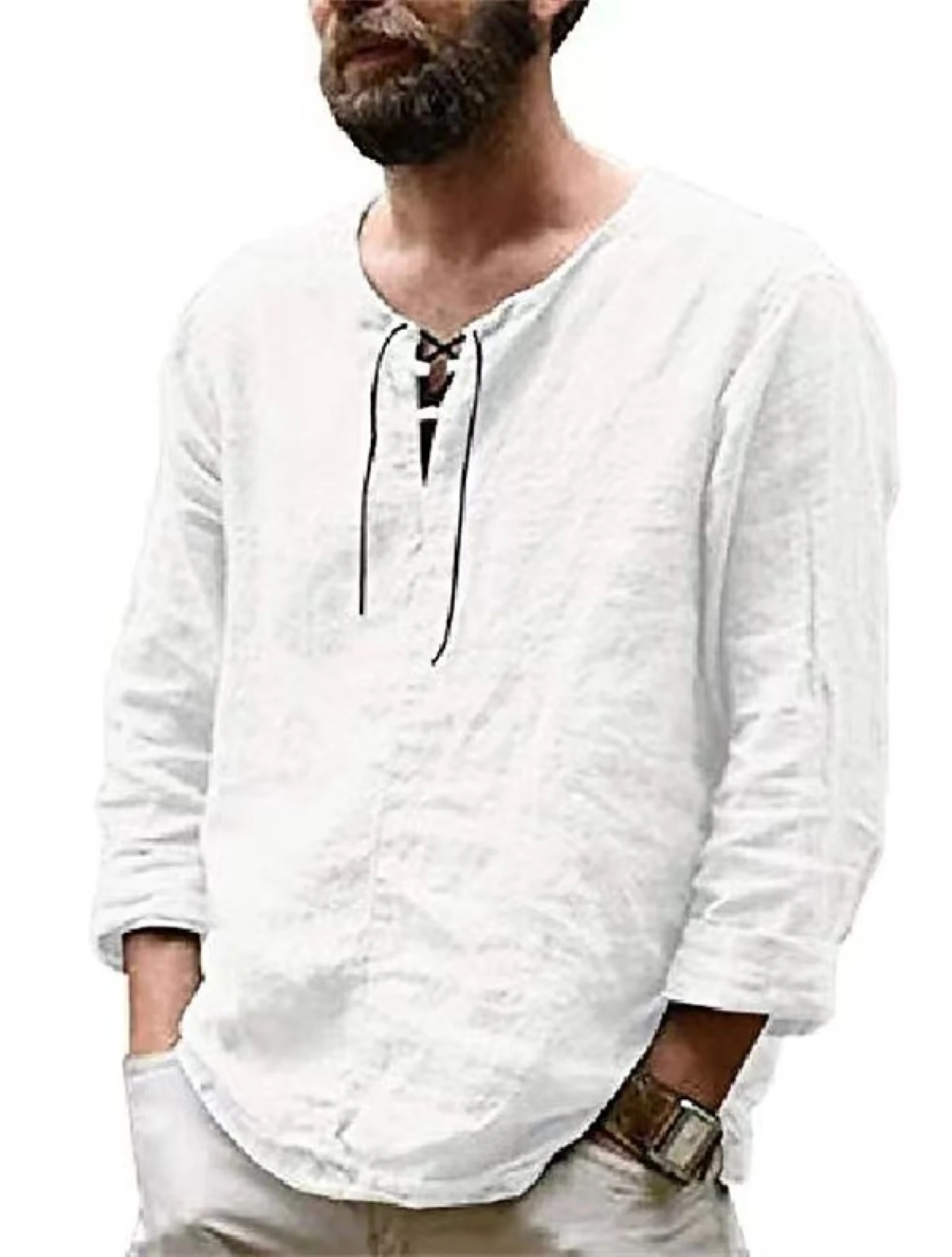 Men\'s polo shirt Spring summer vintage cotton hemp collarless rope with long sleeve shirt casual slim-fit all fashion top