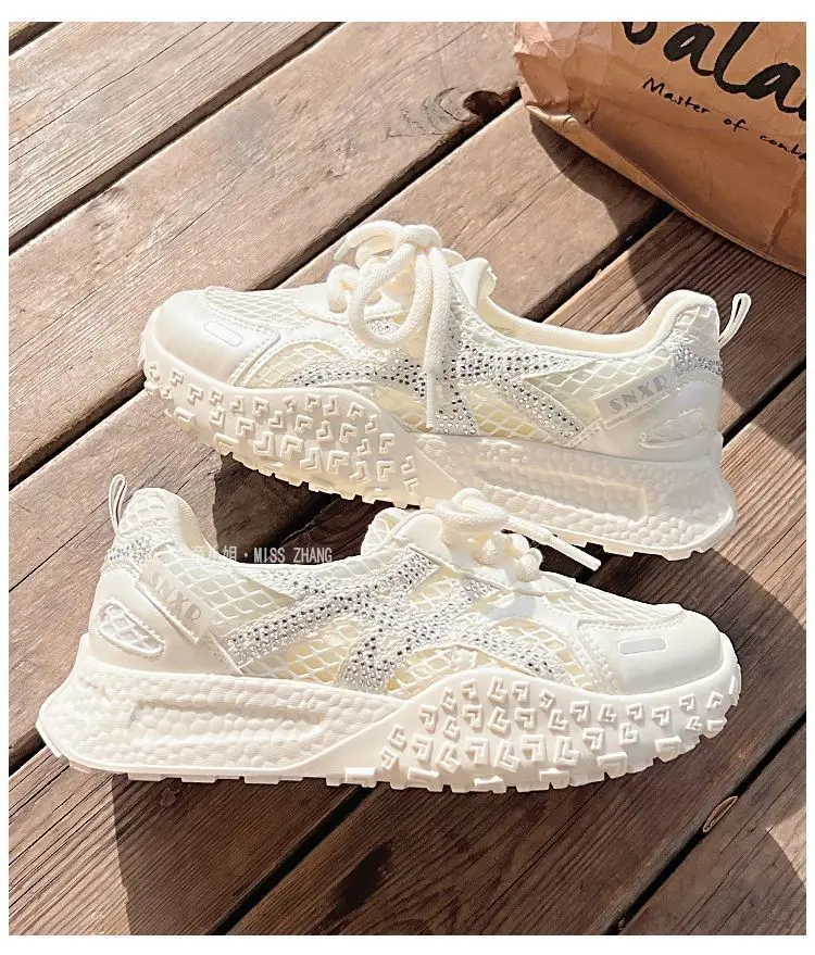 

Женские дышащие сетчатые кроссовки, летние милые блестящие туфли с бриллиантами, кроссовки на толстом каблуке, повседневные кроссовки на платформе для бега, массивные кроссовки Y2K