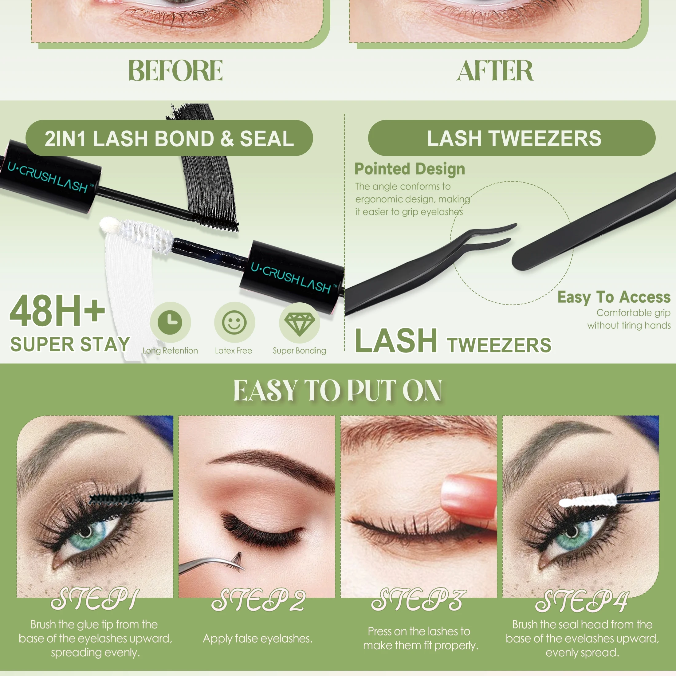 다양한 메이크업 룩을 위한 속눈썹 도구가 포함된 8-16mm 속눈썹 연장 4개로 초보자 친화적이고 방수 및 땀 방지 기능이 있습니다.