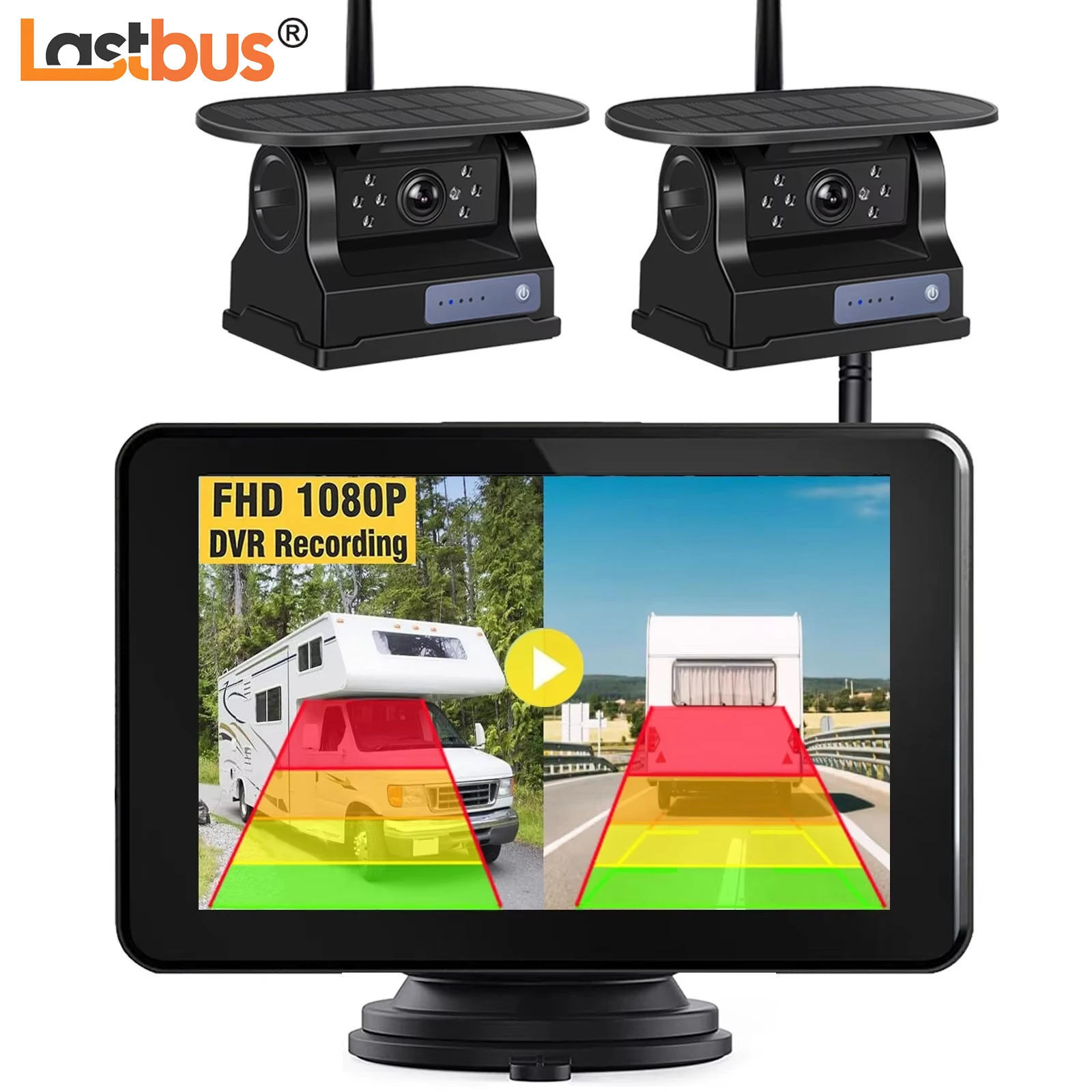 

Lastbus 2 Magnetic Solar Wireless Backup Camera +5" Touch Screen DVR Monitor For RV Truck Bus Trailer Campers