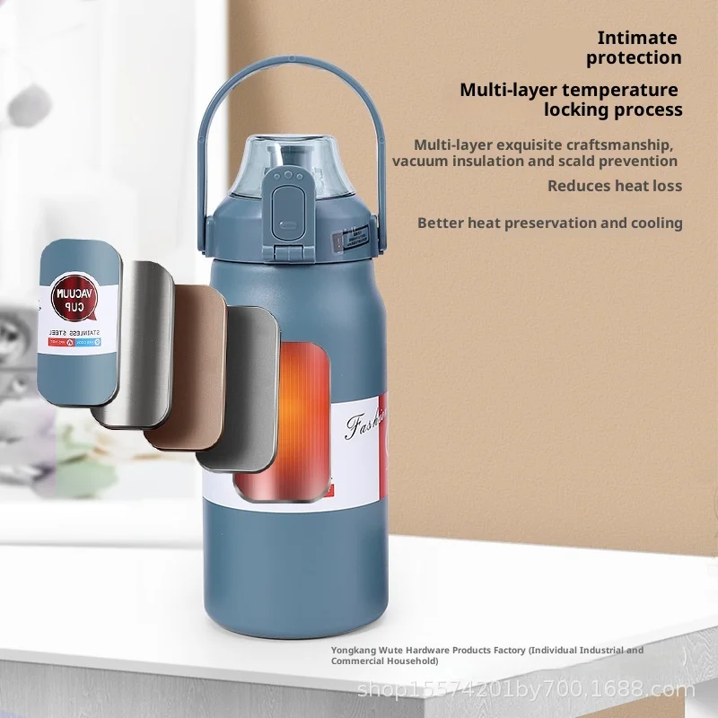 زجاجات مياه عازلة ذات سعة كبيرة، إبريق ماء 44/50 أونصة مع مقبض وغطاء صنبور خالٍ من مادة BPA، حرارية آمنة للاستخدام في غسالة الأطباق #5