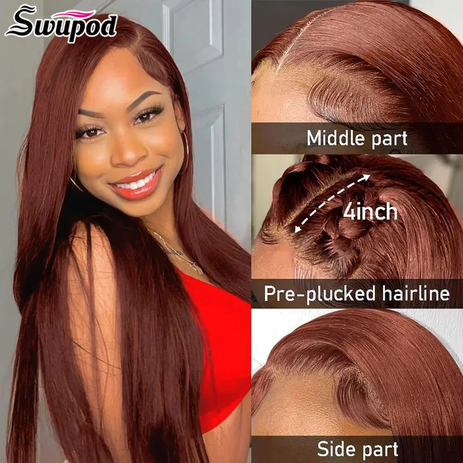 

Swupod 13x4 13x6 200% Transparent HD Lace Front Wig for Women Straight Remy Frontal Human Hair 33# Reddish Brown Color Glueless