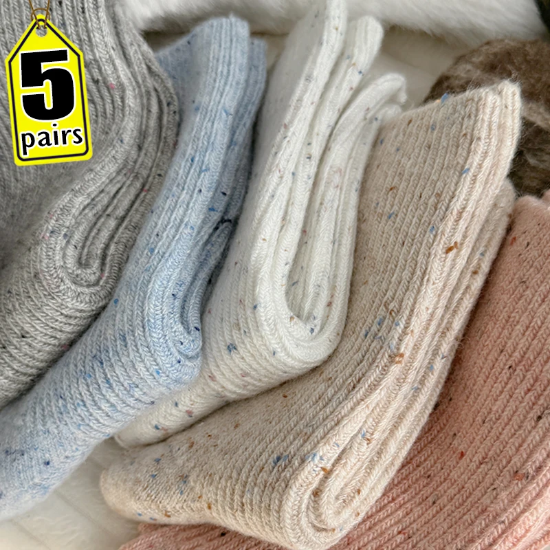 1/5pairs Winter Cashmere Wool Women Socks Casual Japanese Fashion Solid Color Thicker Long Sock Girls Thermal Warm Crew Sock