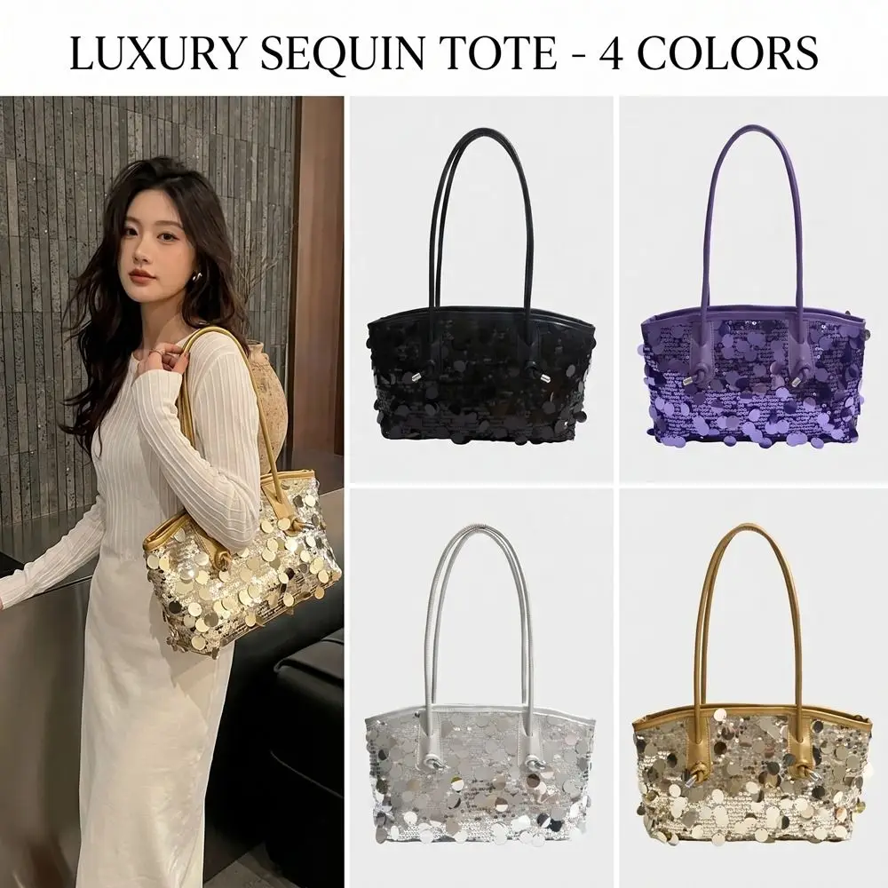 Portable Shiny Sequin Tote Bag Sequined Large Glitter Shoulder Bag Fashion Underarm Bag Evening Bag Girls
