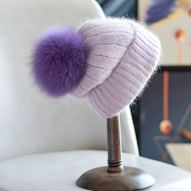 

Hat Angora Women Winter Knit Beanie Real Fox Fur Pompom Autumn Warm Ski Accessory For Cold Weather Sport Outdoor Holiday Luxury