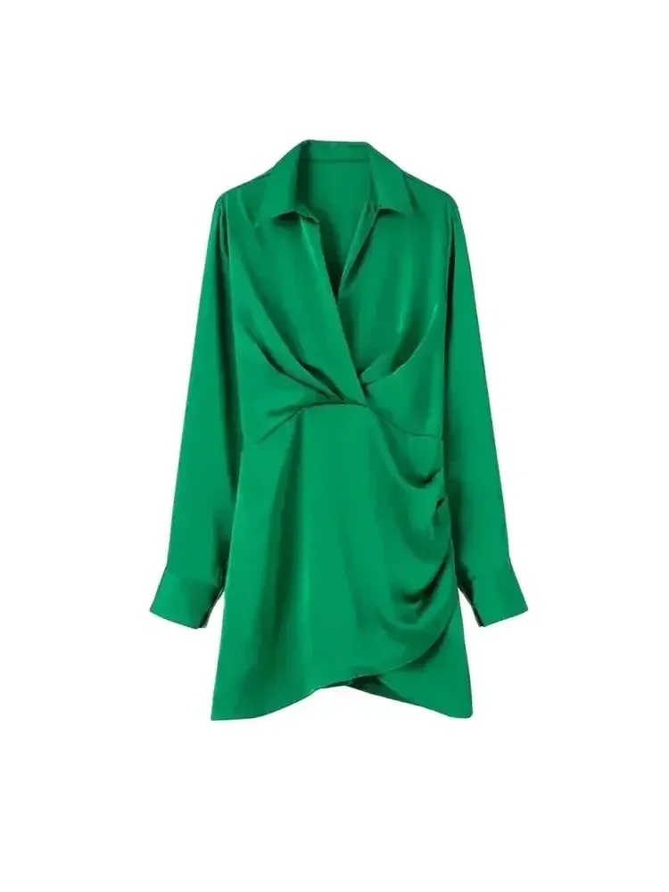 ฤดูร้อนผู้หญิงแฟชั่นรวบรวมซาตินมินิเดรสวินเทจคอวีแขนยาวหญิงVestidos