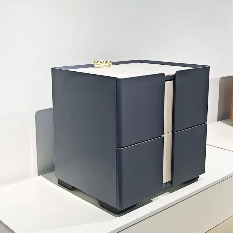 Modern Blue Solid Wood Bedside Table with Double Drawers High Quality Nightstand Factory Direct Sale Contemporary Design