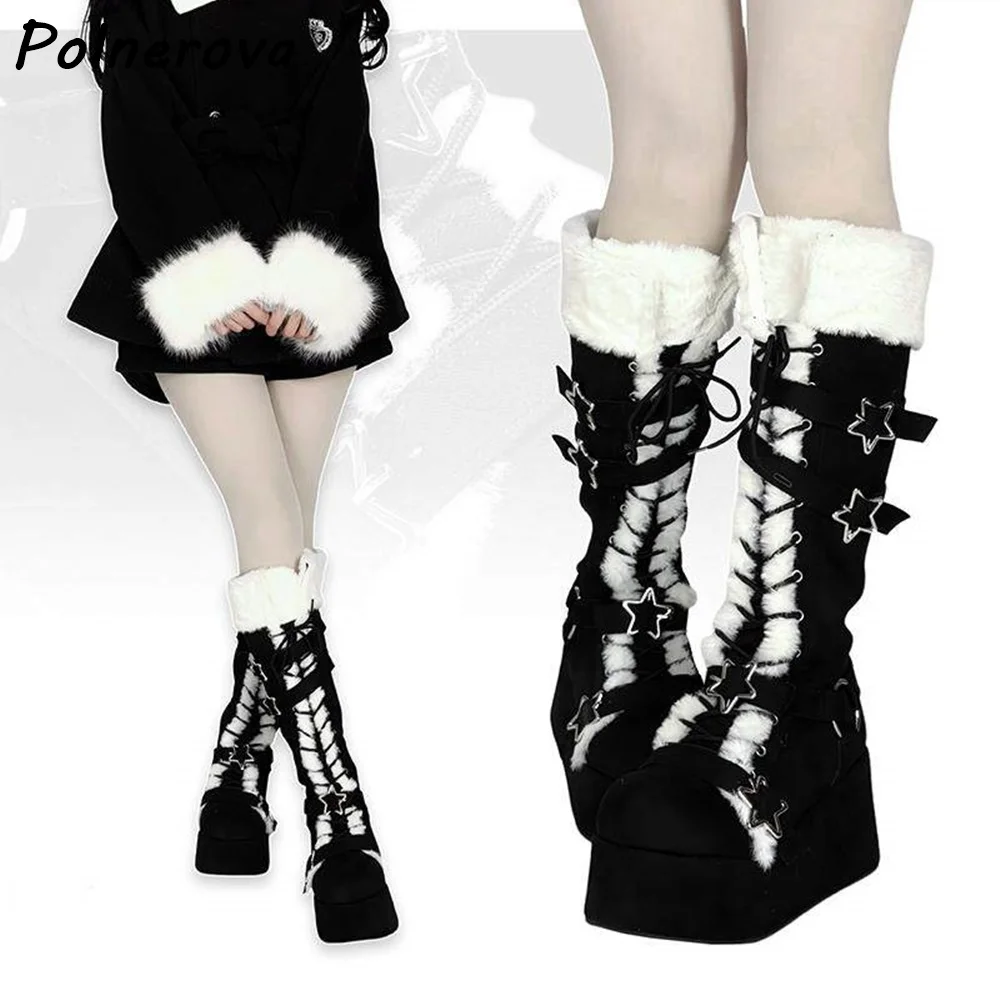 Star Buckle Faux Fur Platform Boots Women Gothic Lolita Winter Knee High Boots Wedge Round Toe Warm Multi Buckle Patchwork Shoes