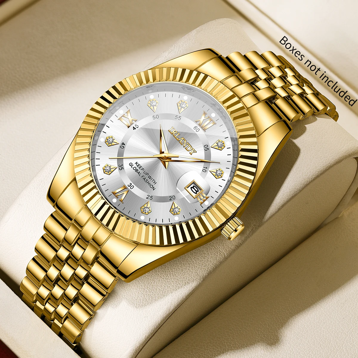 Luxury Rhinestone Roma Dial Men's Calendar Quartz Watch Fashion Stainless Steel Strap Men Business Watches (Without Box)