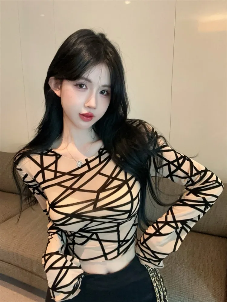 

Sexy Fashionable Long Sleeve Mesh T-Shirt Women's Early Autumn Style Spicy Design Slim Fit Casual Streetwear round Neck Short...