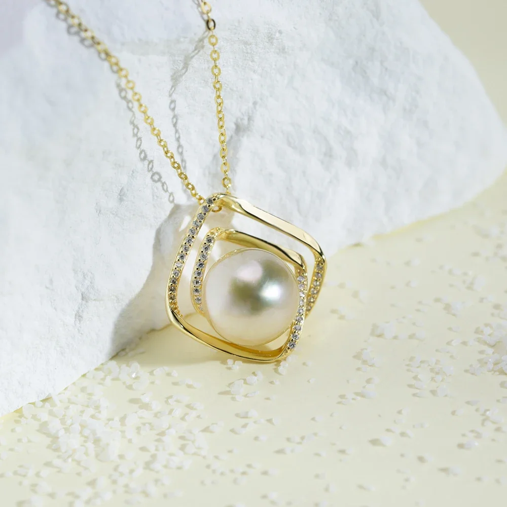 

Mishang Real Pearl Jewelry 925 Sterling Silver South Sea Gold Pearl Square Double Circle Pendant Necklace