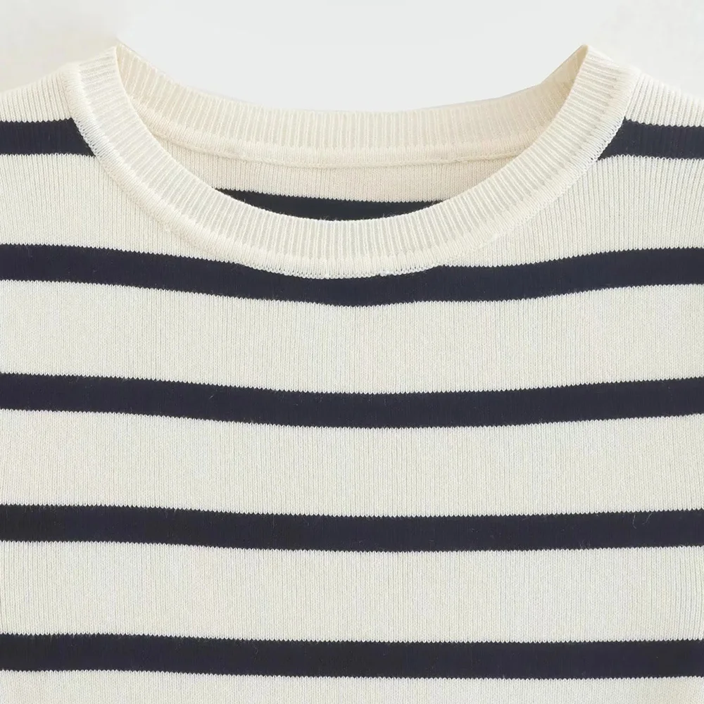 O Neck Short Sleeve Female Pullovers Chic Tops Women Fashion Striped Basic Cropped Knit Sweater Vintage