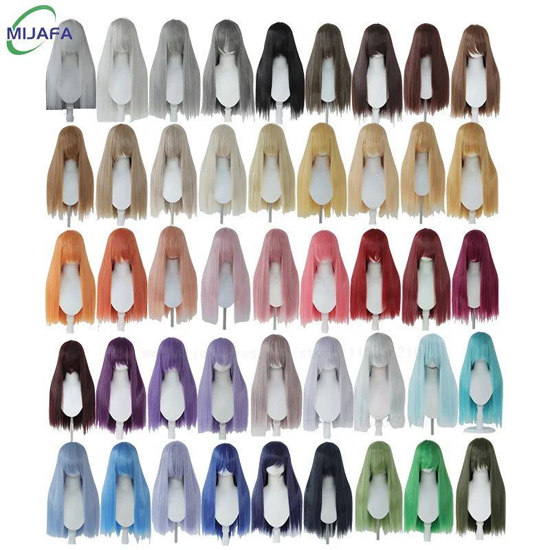 Very High Quality 400g 48 Colors 24Inch 60cm Long Straight Cosplay Wig With Bangs Heat Resistant Hair Anime Wigs + Wig Cap