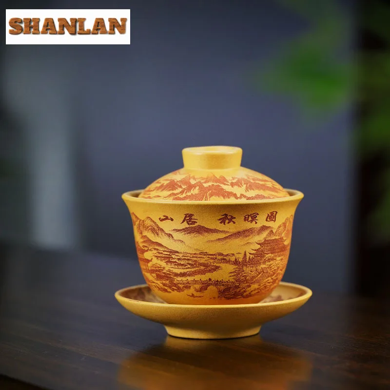 Taza de té Sancai de paisaje hecha a mano de Gaiwan púrpura Yixing de alta gama de 220ml, tazón de té de barro de sección dorada de mineral crudo con tapa, juego de té Zisha