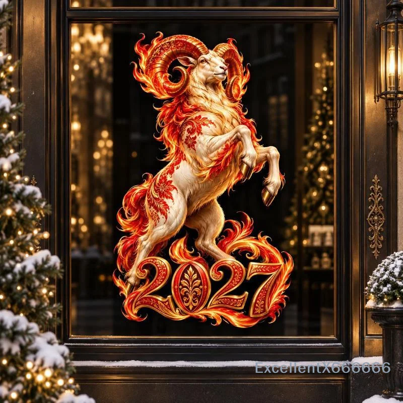 2027 Sheep Year Static Glass Window Stickers Waterproof Durable Decals for Shopping Mall Lunar New Year Decorations