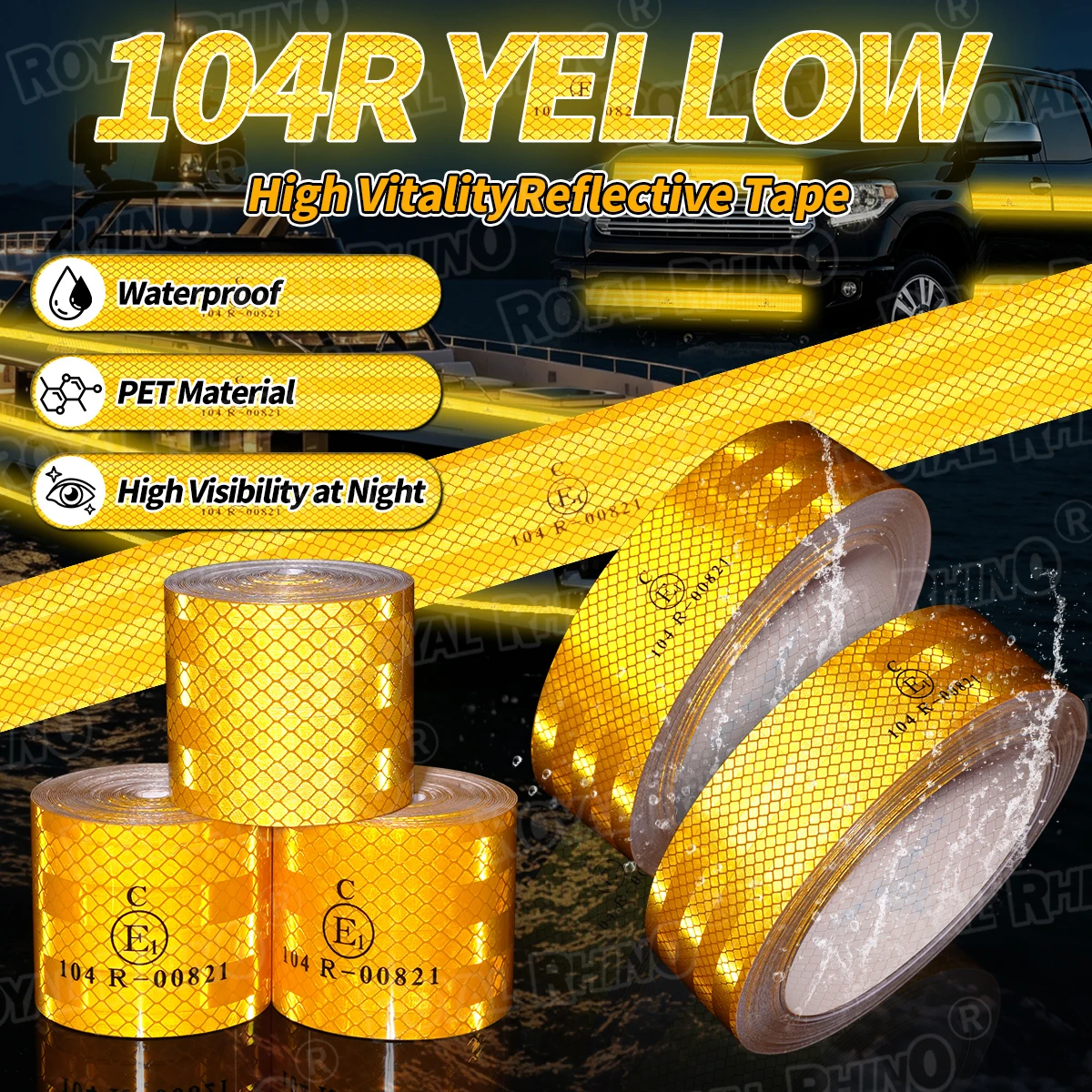 1Roll 104R High-Strength Car Reflective Tape Yellow Safety Sign Warning Tape Self-Adhesive Strip Truck Car Truck Reflective Tape