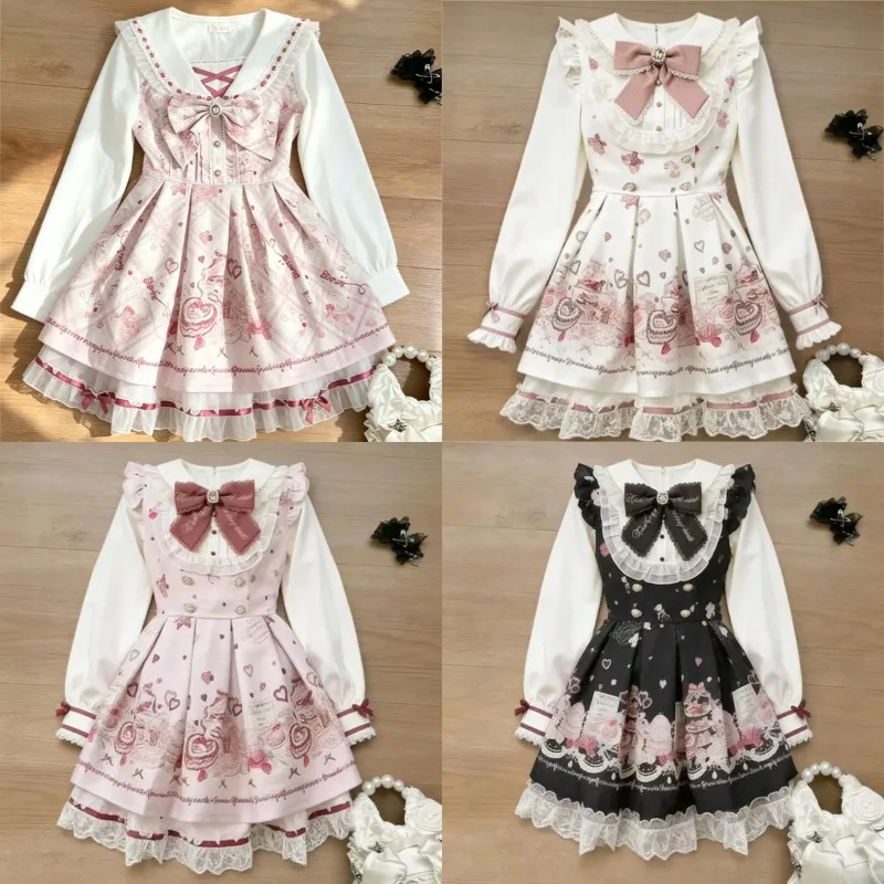 Kawaii Süßes Rüschen-Spitzenkleid für Damen Schickes Schleifenkleid mit Langen Ärmeln Figurbetont Leicht Trendiges Partykleid Niedliches Damen-Design Mode