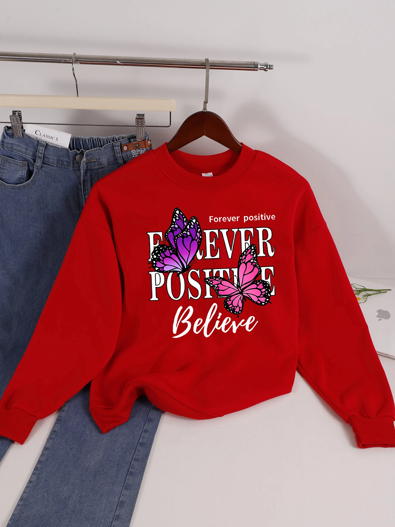 

Толстовка с узором бабочки Forever Positive Believe, женская флисовая спортивная одежда, пуловеры с круглым вырезом, осенняя универсальная одежда