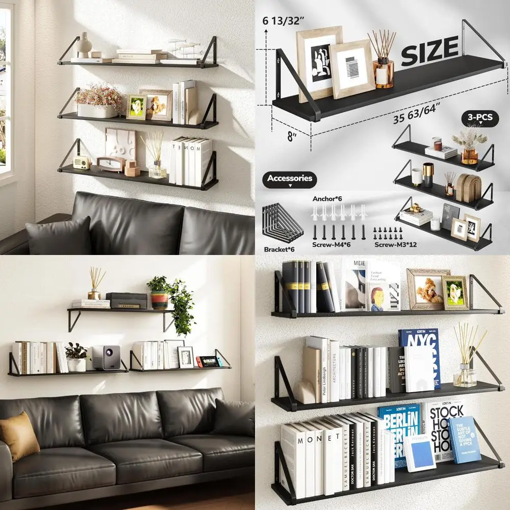 

Tri-Level Wooden Wall Shelves, Large Black Decorative Shelving for Home - Suitable for Living Room, Bedroom, Kitchen