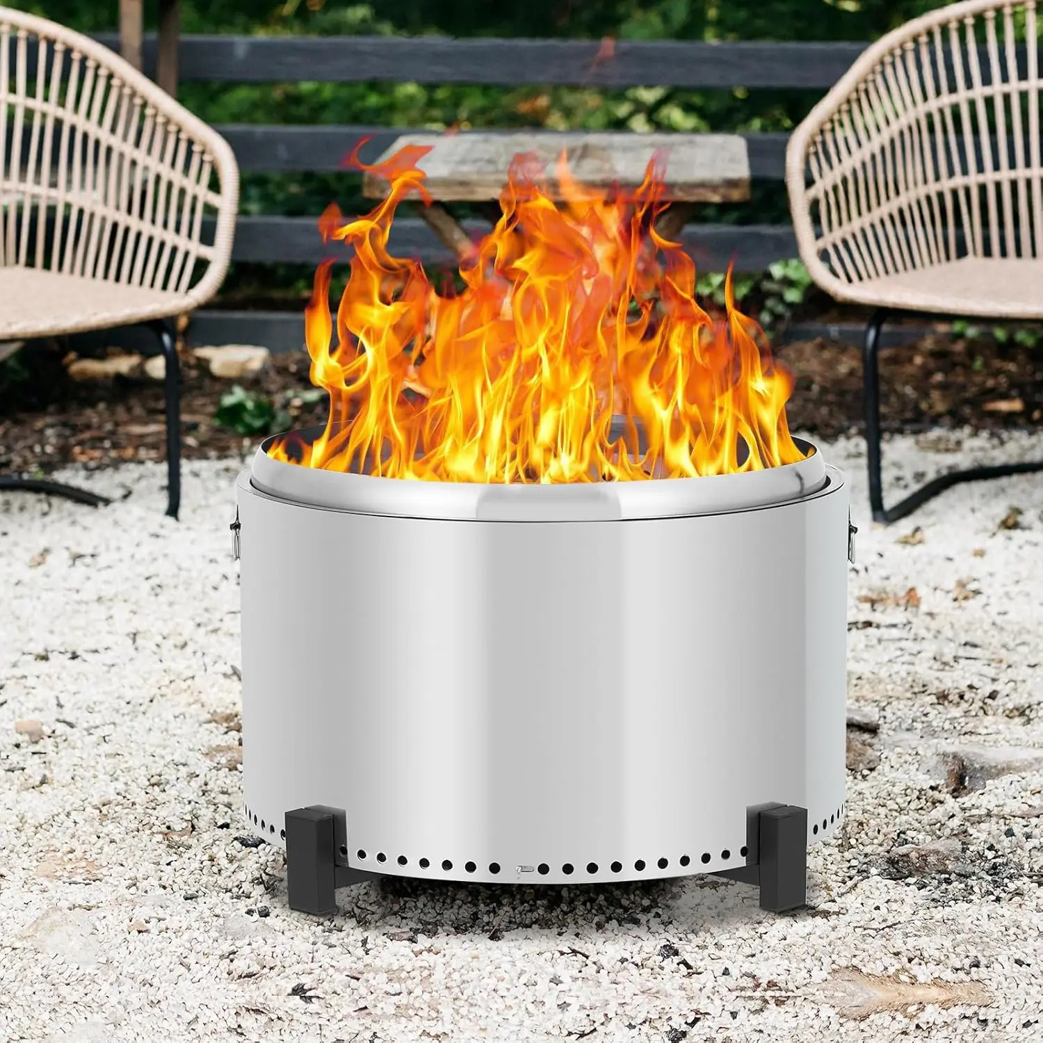 32 Inch Smokeless Fire Pit, Stainless Steel Wood Burning Fire Pits with Removable Stand and Ash Pan, Portable Bonfire