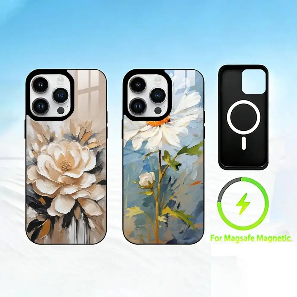 

O-Oil painting daisy mobile Phone Case For iPhone 17 16 15 14 13 12 Pro Max Plus for Mirror Wireless Magnetic Cover