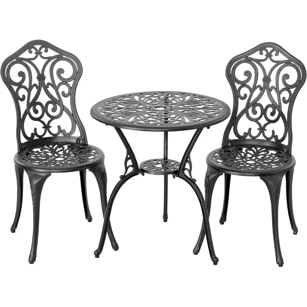 

All-Weather 3-Piece Bistro Set: 2 Chairs & Round Table with Umbrella Hole for Patio, Garden, Poolside in Black