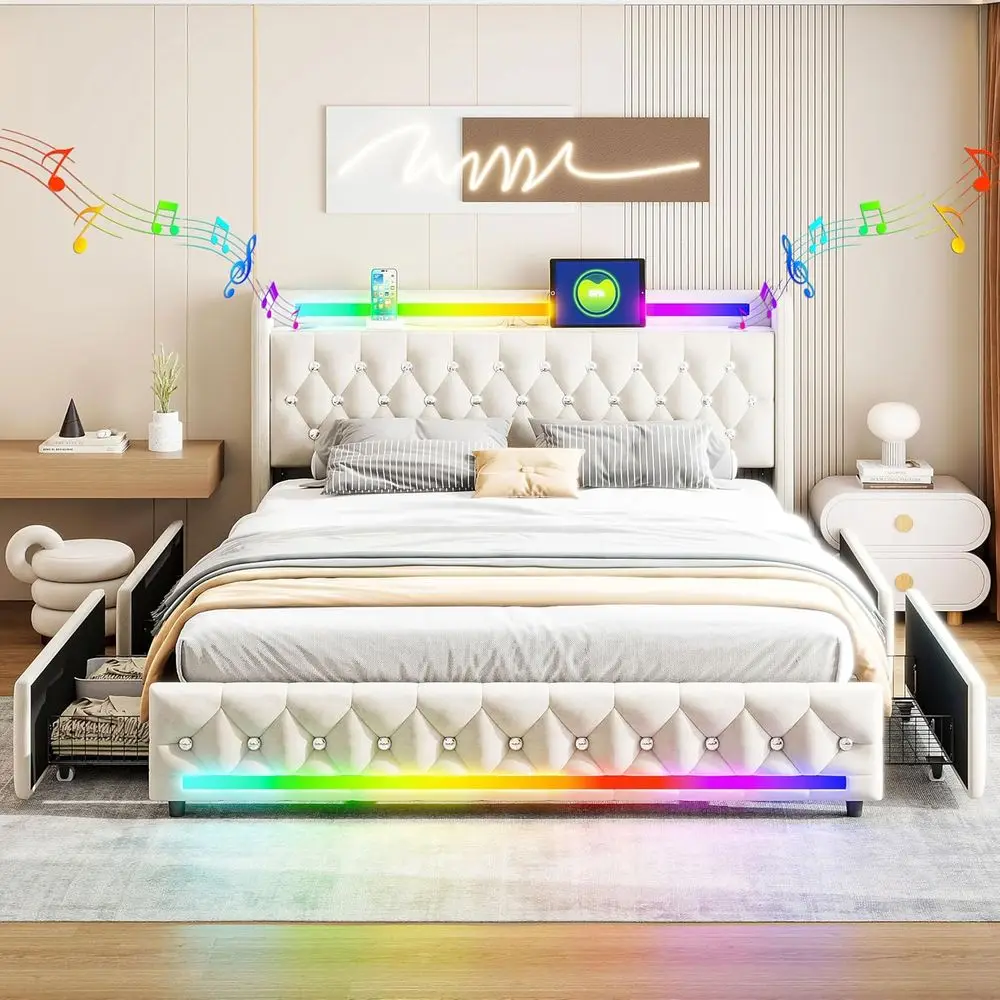 Bluetooth Speaker Queen Size Smart Bed with LED Lighting, USB & Type-C Ports, Storage Drawers, Velvet Bed with Board, Wooden Sla