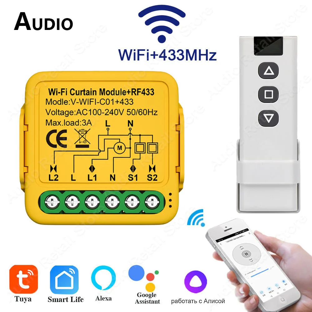 

Tuya Smart WiFi Curtain Switch Module with RF433 Function for Electric Roller Shutter Blind Motor Works with Alexa Google Home