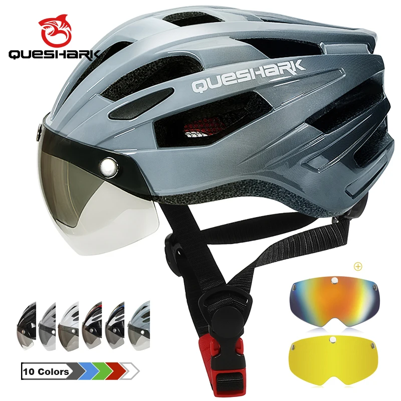 QUESHARK Men Women Ultralight Cycling Helmet MTB Road Bike Bicycle Motorcycle Riding Removable Yellow Grey Colorful Lens QE120