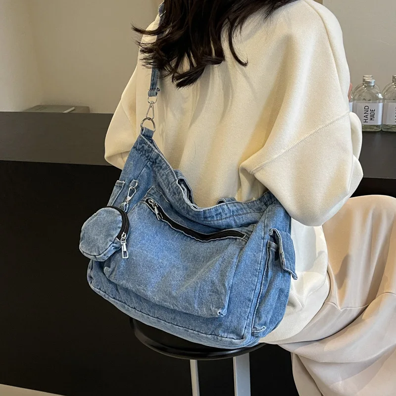 محفظة نسائية كاجوال من قماش الدنيم المتين بلون سادة، قلادة، يد، كتف، حقيبة كروس ذات سعة كبيرة #4