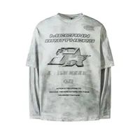 Retro American Style Men's Long Sleeve T-Shirt Washed Effect Premium Quality Fake Two-Piece Unisex Crew Neck Top For Spring Autu