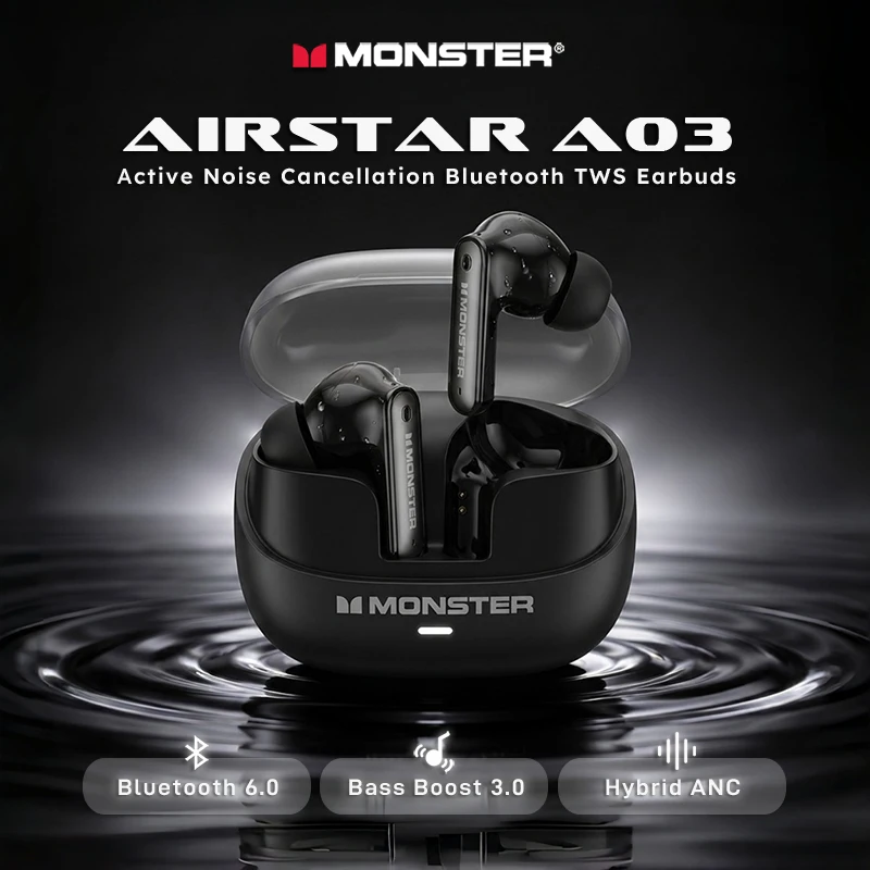 Monster A03 ANC-Ohrhörer, Bluetooth 6.0, aktive Geräuschunterdrückung, kraftvoller, tiefer Bass, Sport-TWS-Wireless-Kopfhörer mit Mikrofon