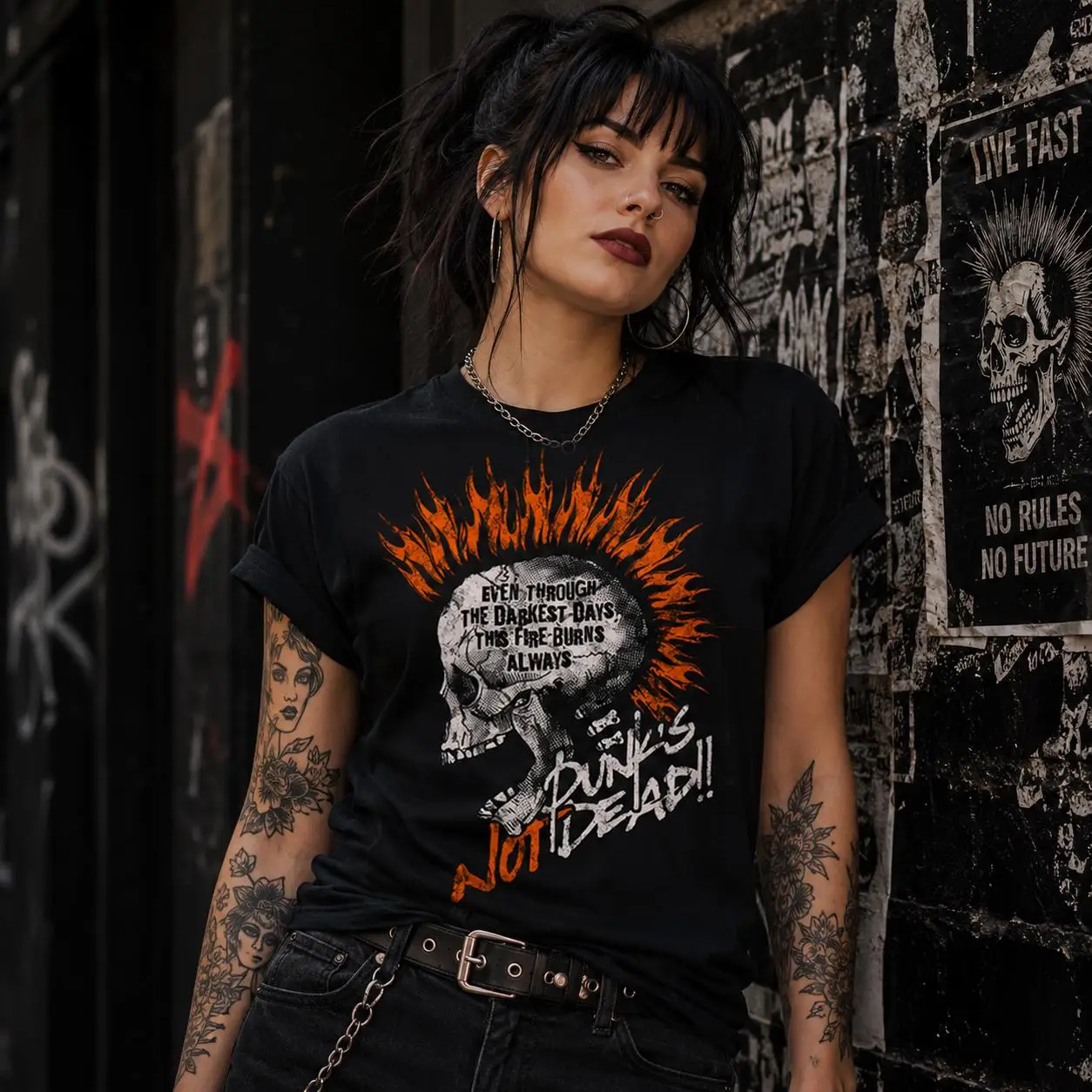 Punk Skull Mohawk T-Shirt, Distressed Screaming Skull Graphic Tee, Alternative Streetwear Apparel T-shirt