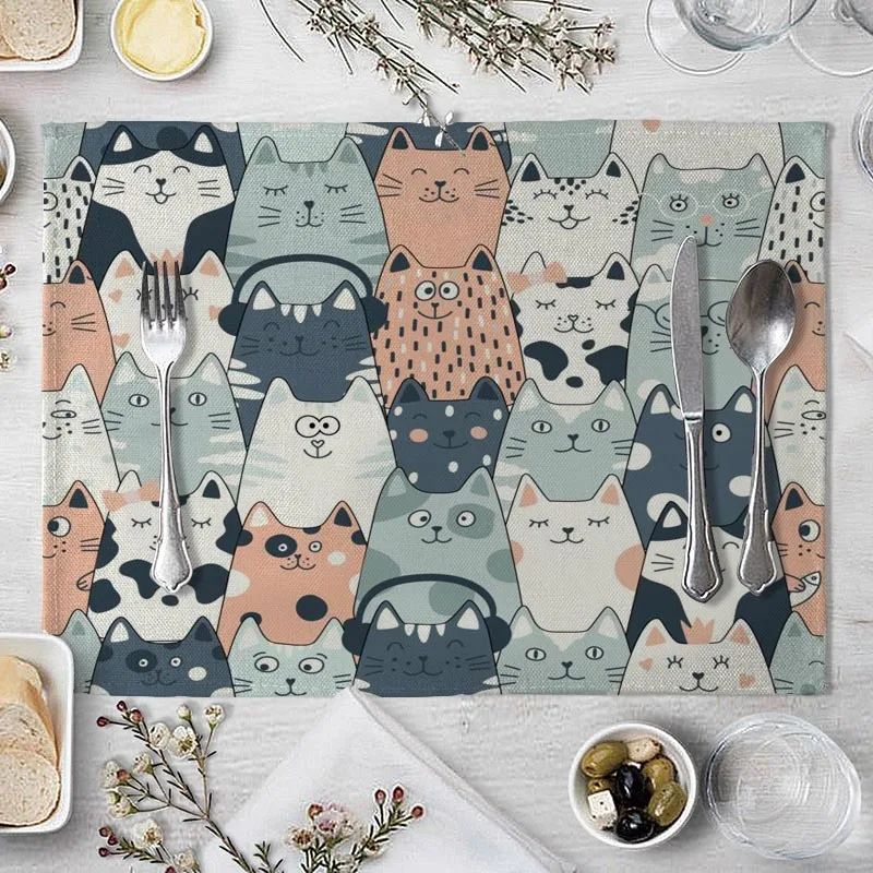 4pc/6pc Children\'s Cute Animal Style Pattern Placemat Cotton Linen Fabric Table Mats Family Dinner Tableware Kitchen Table Mat