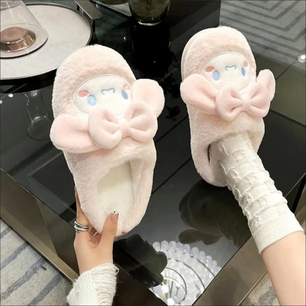 

Kawaii Cinnamoroll Women Plush Slippers Sanrioed Anime Flat Cotton Shoes Winter Keep Warm Soft Cute Girl Sweet Warm Slippers