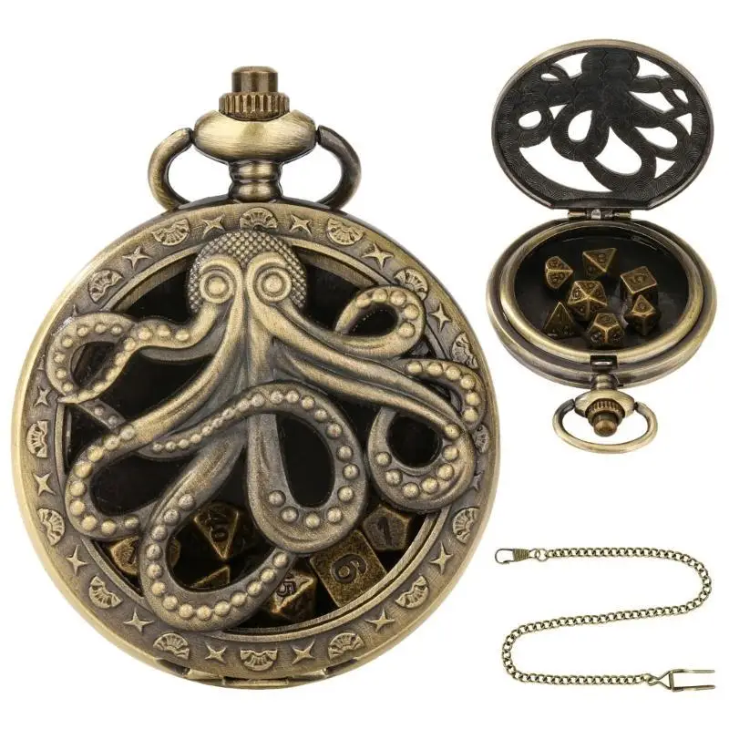 A52E Unique Pocket Watch Case with 7pcs/set Metal Polyhedral Dices Pendant Chain