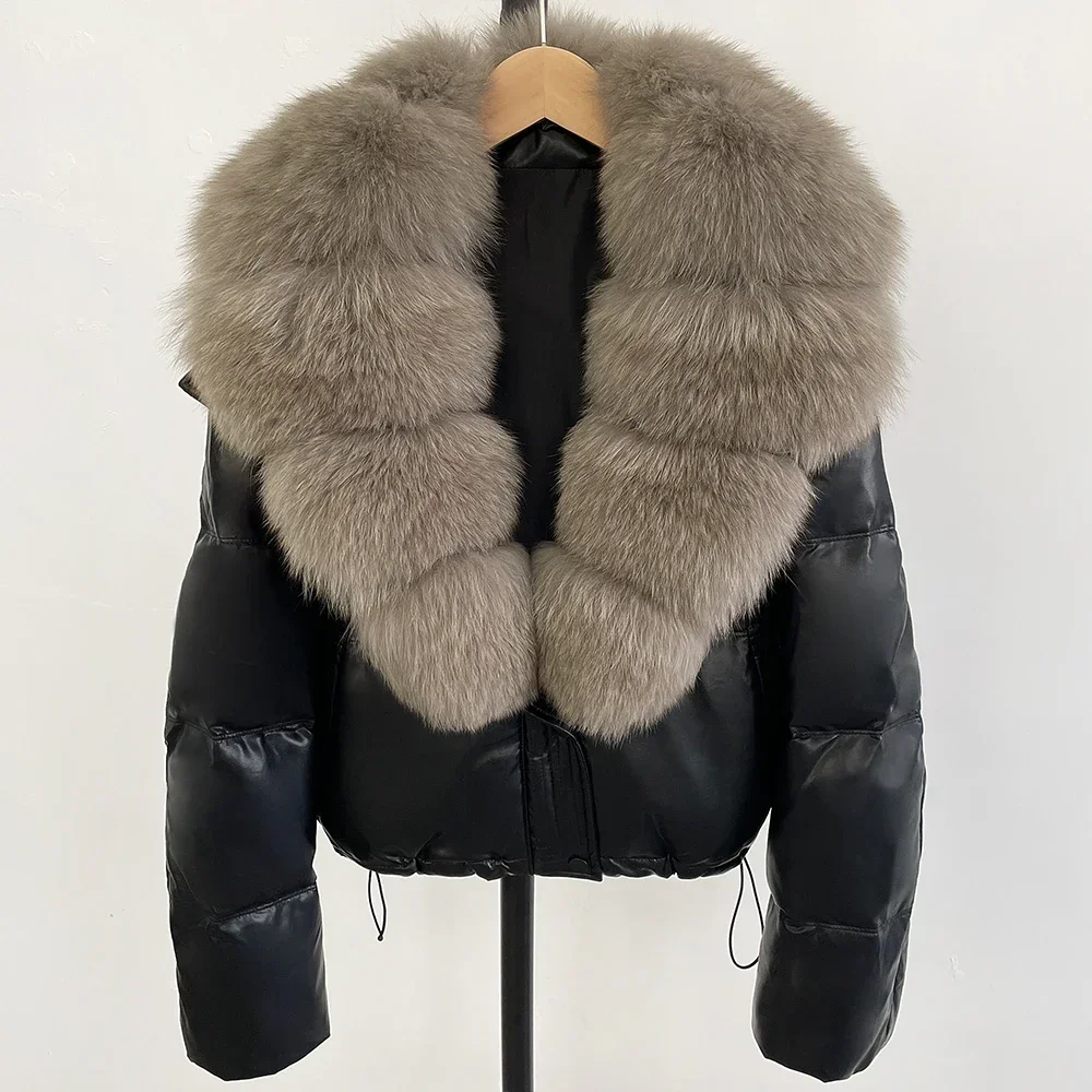 OFTBUY Fur Store 90% White Duck Down Jacket Women Large Natural Fox Fur Collar Winter Short Waterproof PU Puffer Coat Female