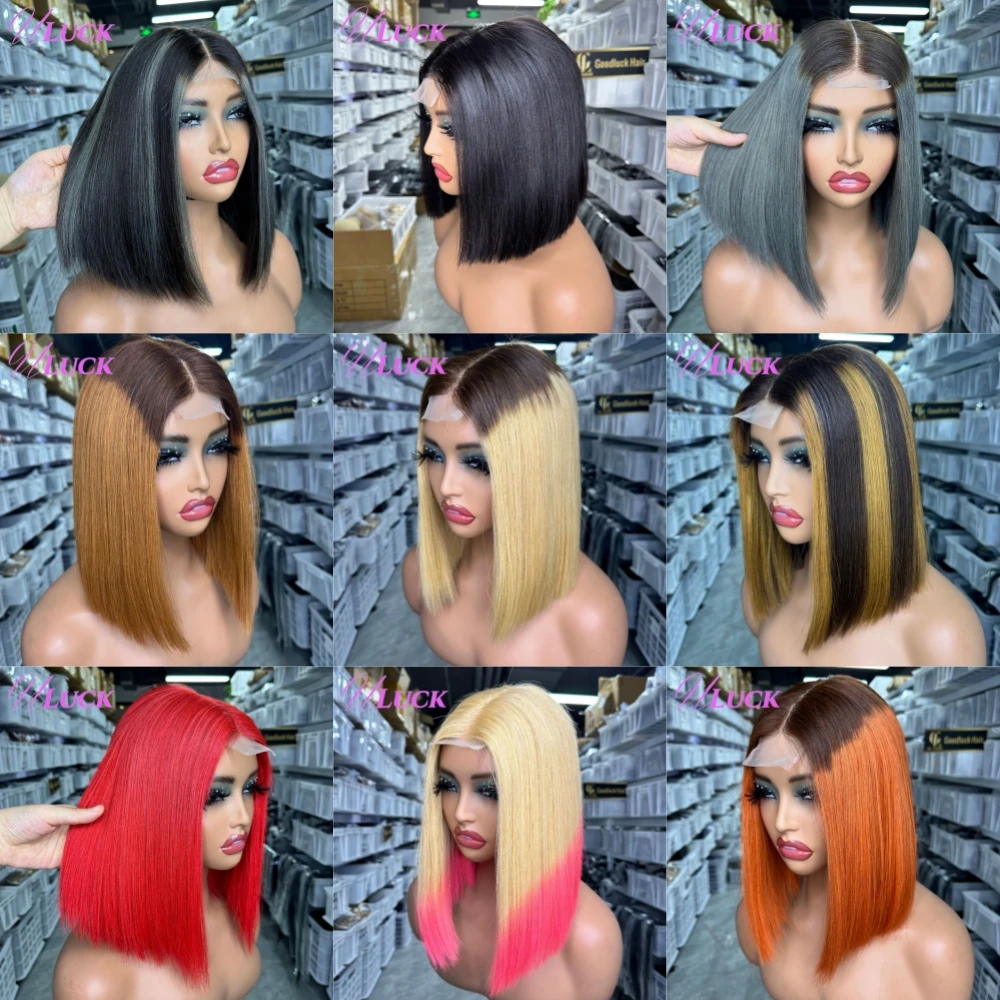 Uluck Ombre gingembre couleur Double dessiné court droit Bob perruque perruques de cheveux humains 300 densité 2x6 dentelle frontale perruques pour les femmes noires
