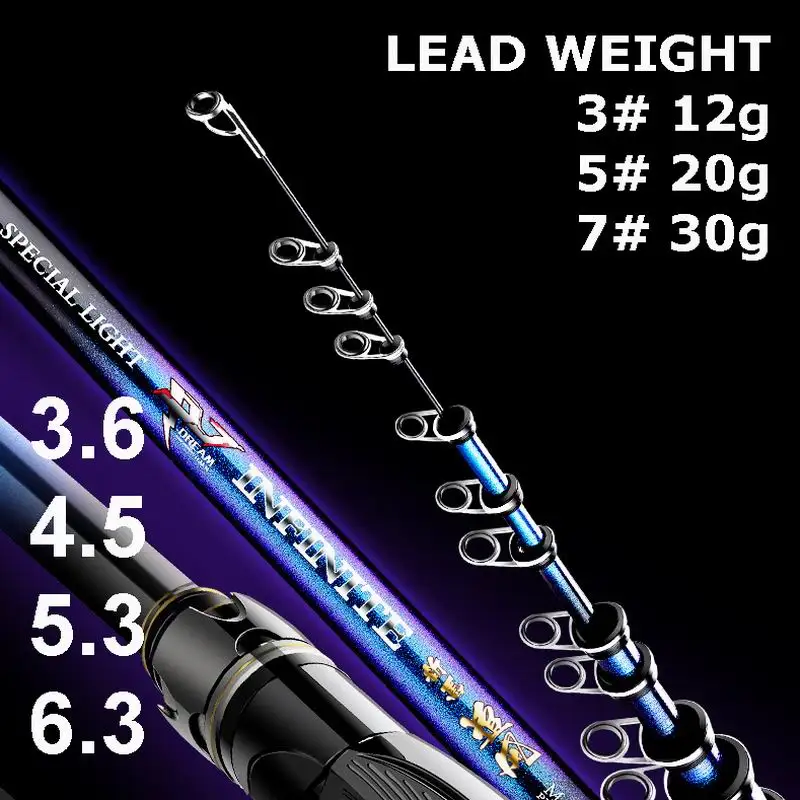 ZZ211 Geegan 5000g Rock Fishing Rod 46T Carbonfiber 3.6m 4.5m 5.3m 6.3m No Reel Hardness 3# 5# or 7# Lead Weight 12g 20g or 30g