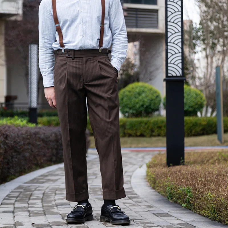 POT&CRAFTSMAN Coffee Stripe High Waist Neapolitan Wide Waistband Straight Leg Suit Trousers Men Paris Button Adjustment