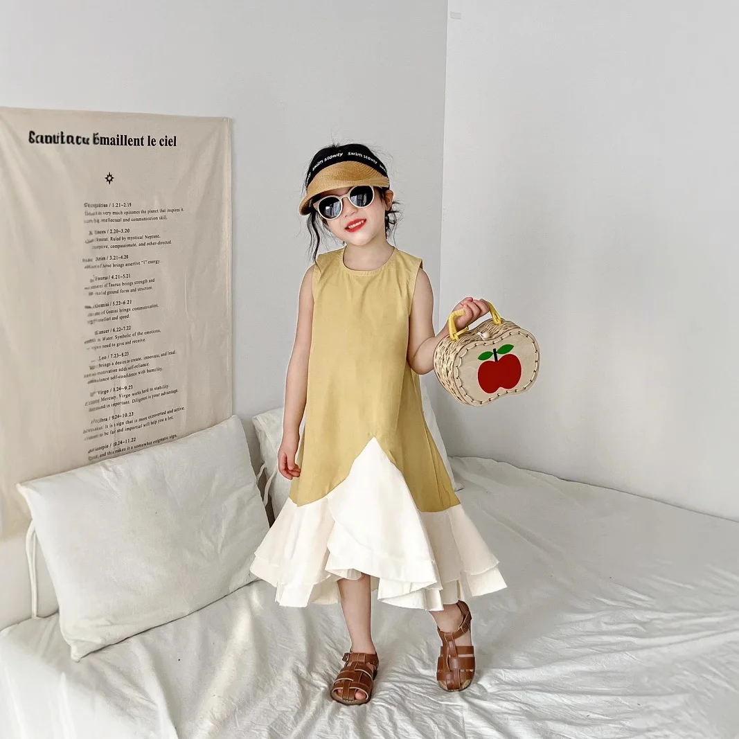 Baby Girl Vest Dress 2025 Girls Summer Long Fish Tail Yellow Fashion and Comfortable Sleeveless Kids Dress