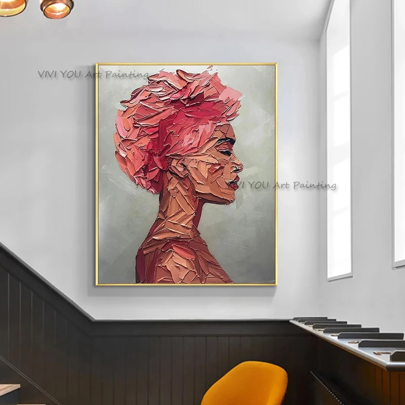Handmade Pink Afro Woman Portrait Large Knife Oil Painting Abstract On Canvas Square Modern Staircase Wall Decor Art