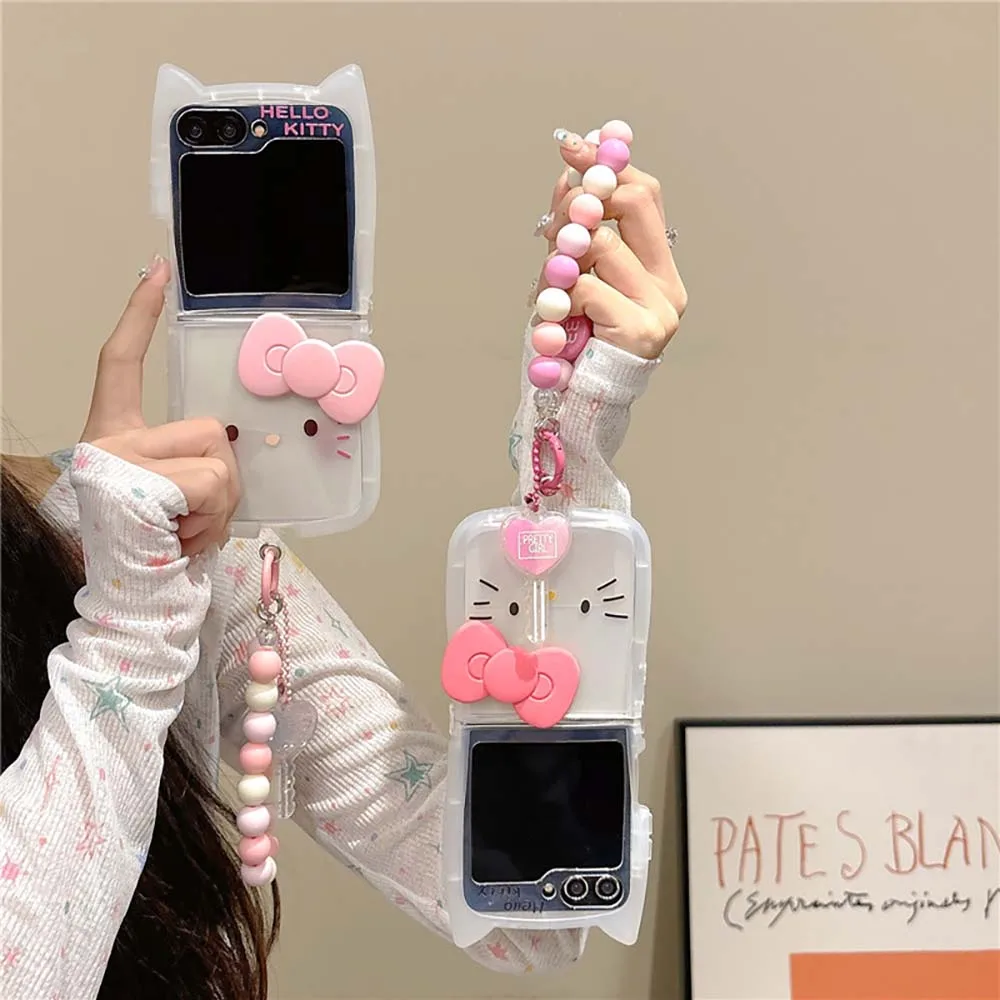 Cute Bow Hello Kitty 3D Cat Ear with Lanyard Phone Case for Samsung Galaxy Z Flip 3 4 Z Flip 5 6 5G PC Hard Anti-drop Back Cover