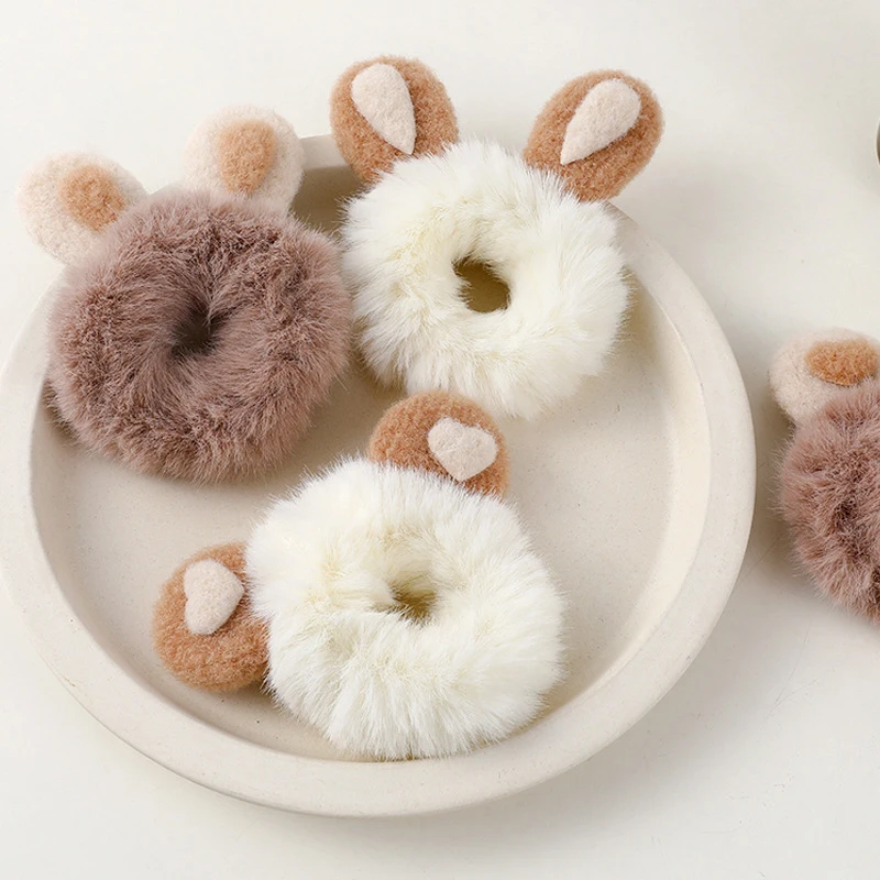 Korean New Rabbit Ears Plush Scrunchies Imitation Rabbit Fur Hair Band Ponytail Holder Fluffy Hair Tie Hair Accessories Soft