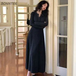 Knitting Dresses Women Autumn Winter V-neck Long Sleeve Solid A-line Midi Retro Korean Style Temperament Simple Casual Basic New