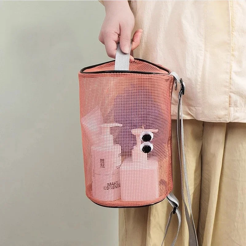 

Cylindrical Mesh Cosmetic Bag Candy Color Hollowed Makeup Bag Portable Travel Beach Swimming Toiletry Storage Bag Crossbody Bag